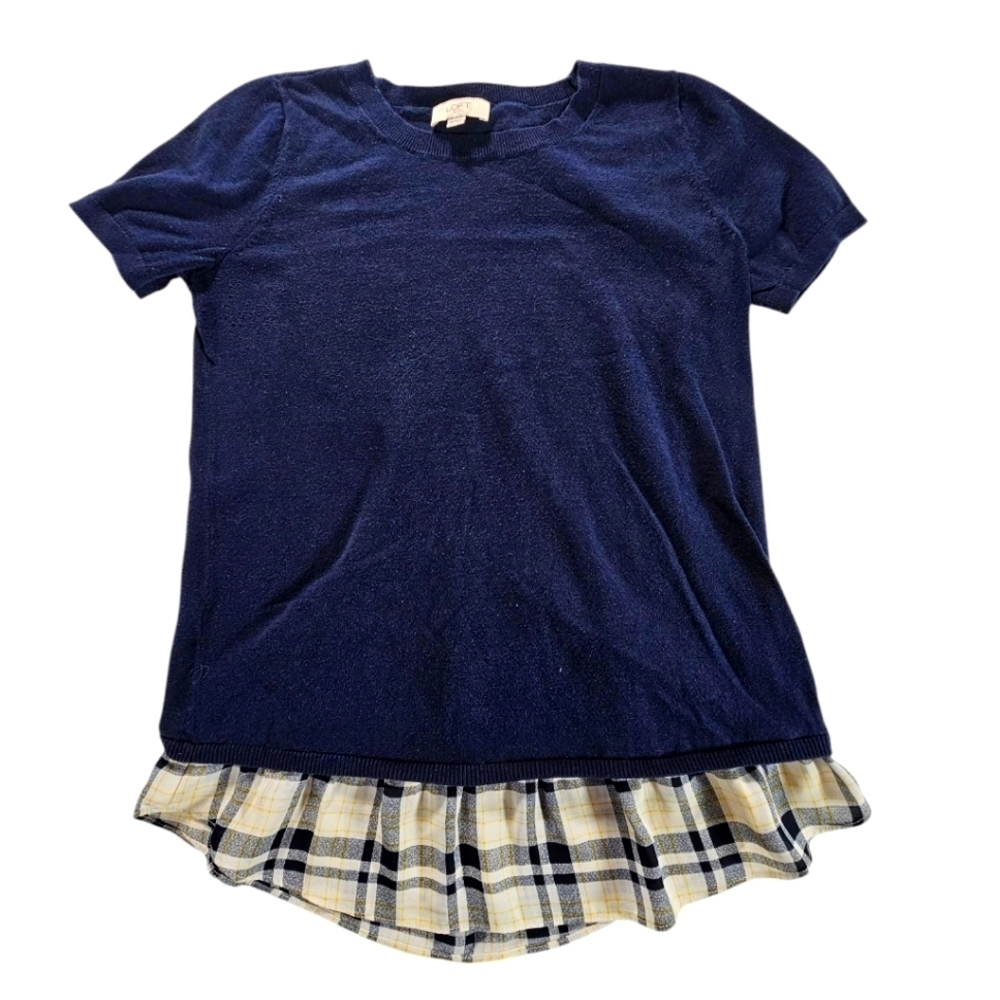 LOFT Blue Short Sleeve Sweater with Layered Plaid Hem Size XS